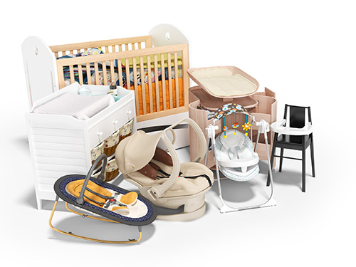 baby items; stroller, crib, etc.