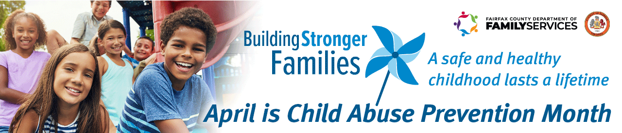 April is Child Abuse Prevention Month banner graphic - pinwheel spins; photo of group of different age children