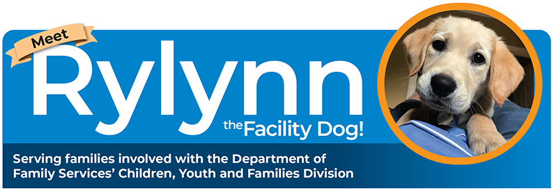Meet Rylynn the Facility Dog (serving families involved with the Department of Family Services Children, Youth and Families Division) banner graphic, includes photo of Rylynn as puppy