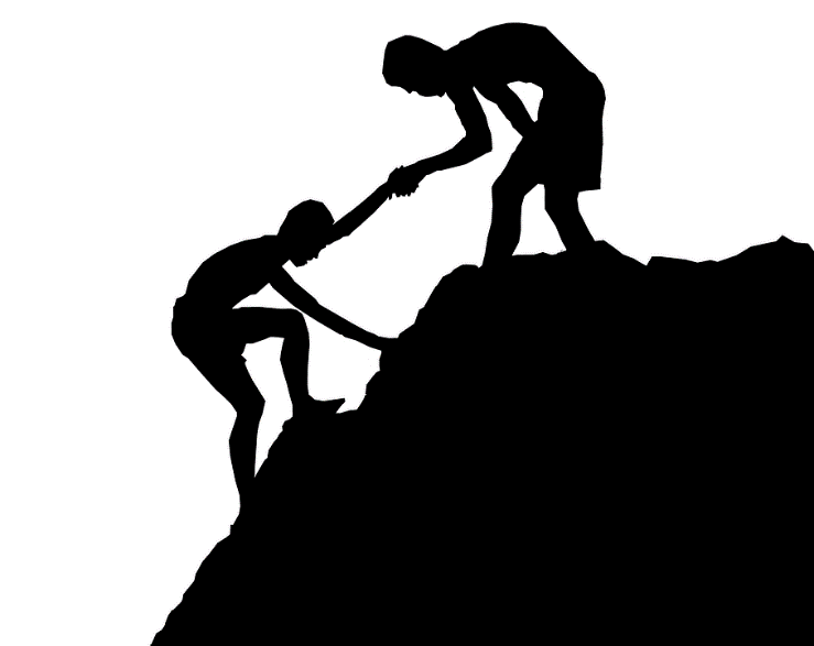 silhouette of two people climbing