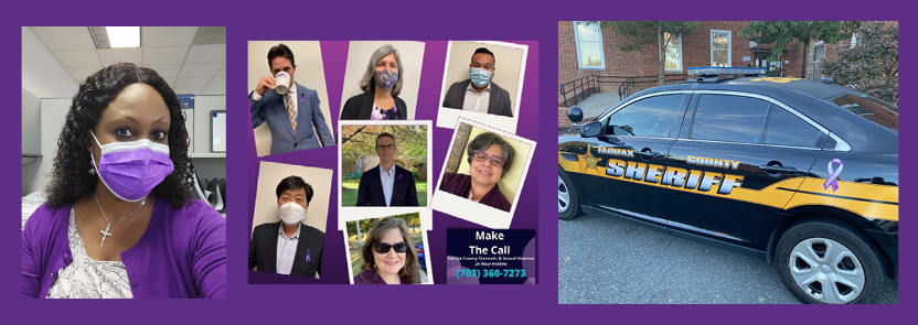 Domestic Violence Awareness Month Purple Out photo collage: person, eight people group, sheriff's car with ribbon
