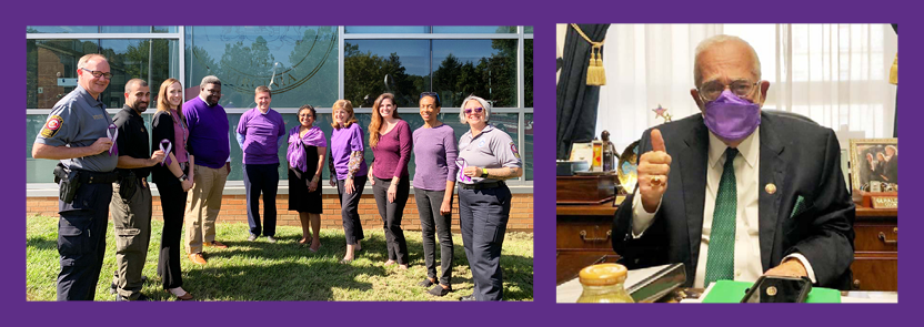 Domestic Violence Awareness Month Purple Out photo collage: 10 people in group; one person