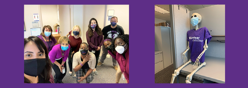 Domestic Violence Awareness Month Purple Out photo collage: nine person group; skeleton wearing purple shirt