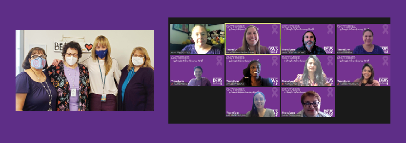 Domestic Violence Awareness Month Purple Out photo collage: four people group; screenshot video call multiple people