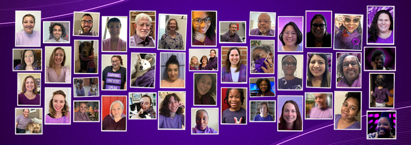 Domestic Violence Awareness Month Purple Out photo collage: diversity group of men and women wearing purple