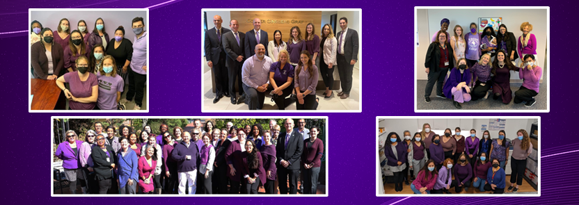 Domestic Violence Awareness Month Purple Out photo collage: eleven people group; eleven people group; eleven people group; thirty four people group; sixteen people group