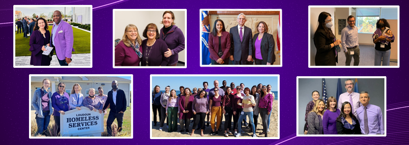 Domestic Violence Awareness Month Purple Out photo collage: two people group; three people group; three people group; three people group; six people group; twenty two people group; six people group
