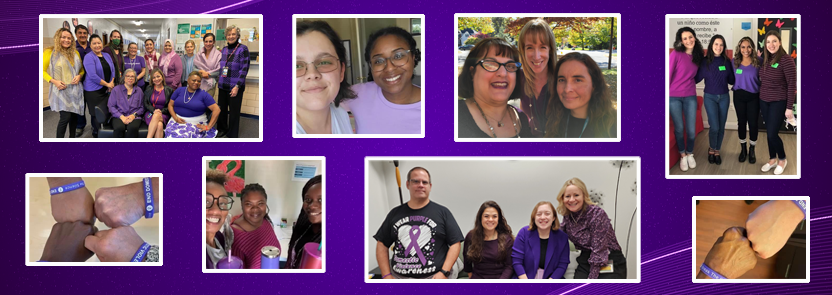 Domestic Violence Awareness Month Purple Out photo collage: thirteen people group; two people group; three people group; four people group; closed fists with bracelets; three people group; four people group; two closed fists with bracelets