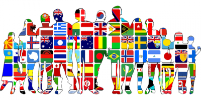 international flags create silhouette of people
