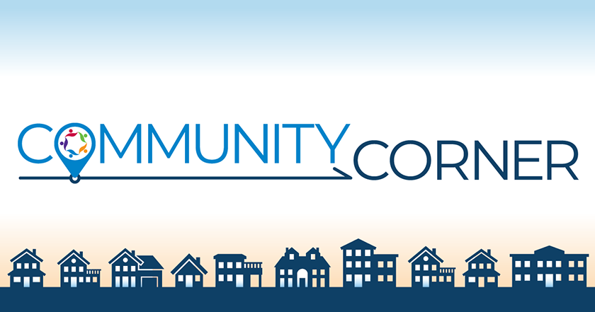Community Corner graphic, text over stenciled homes