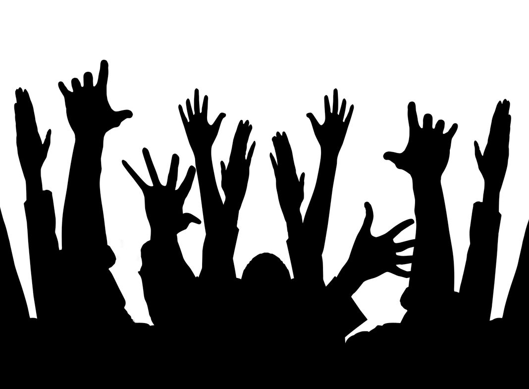 silhouette of raised hands black and white graphic