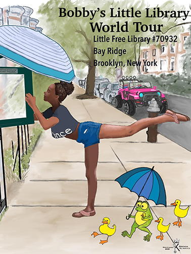 Brenda Klimavicz Bobby's Little Library World Tour graphic, person getting book out of case