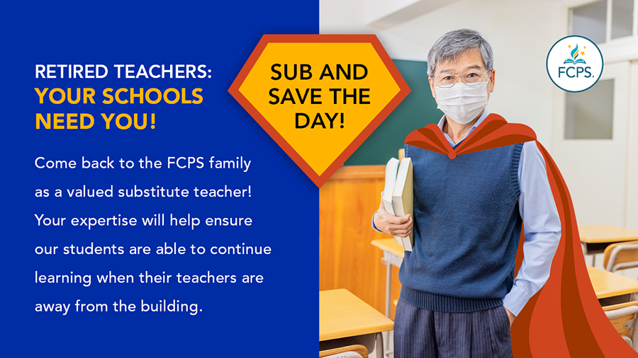 Fairfax County Public Schools, Sub and Save the Day! graphic person standing with books in arm and wearing cape