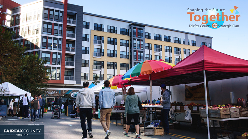 Fairfax County Strategic Plan - Shaping the Future Together - graphic; people walking through farmer's market