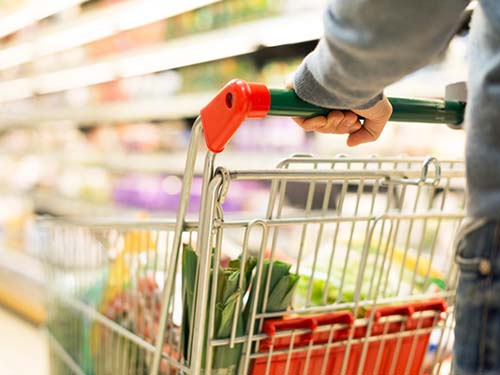 person hands pushing grocery shopping cart