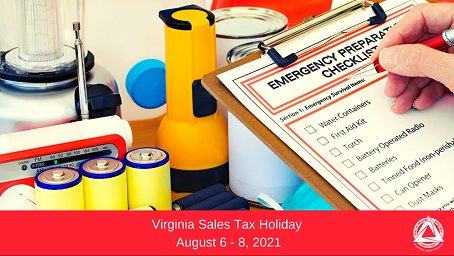 Virginia Sales Tax Holiday graphic - checklist, emergency supplies