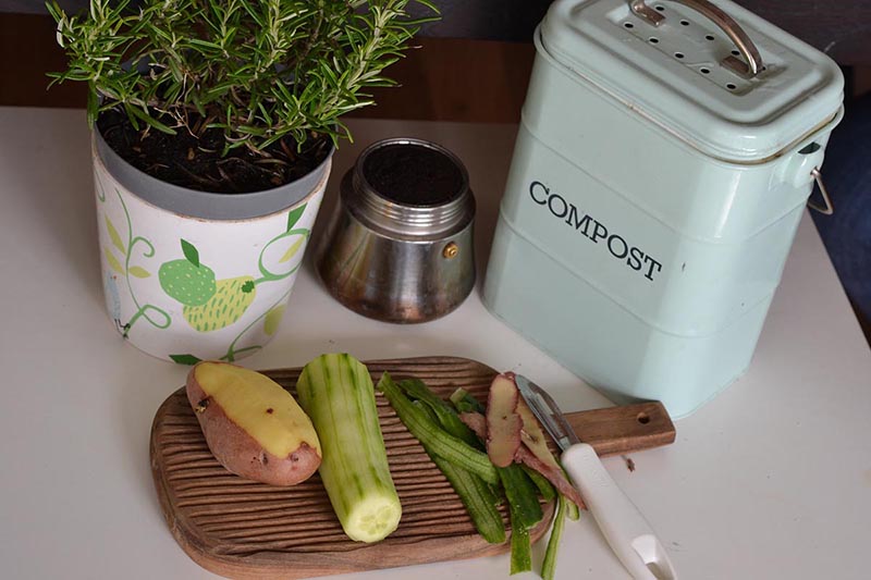 Photo of a cutting board with vegetables and a small compost bucket.