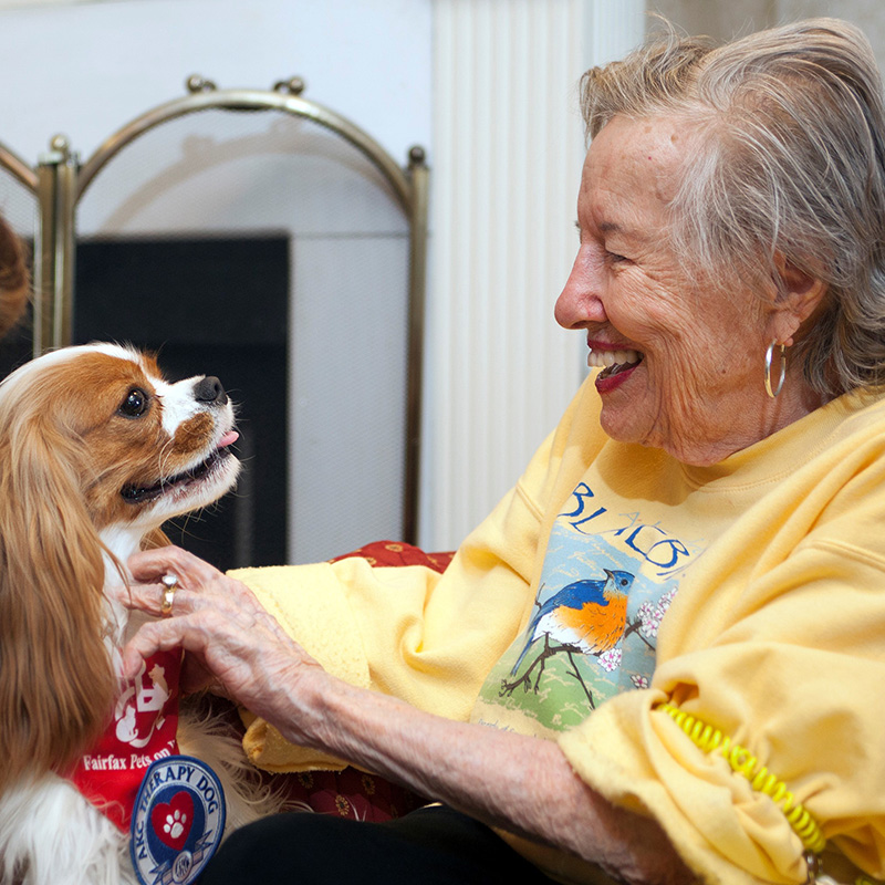 Photo of Teddy the dog visiting with Ruth.