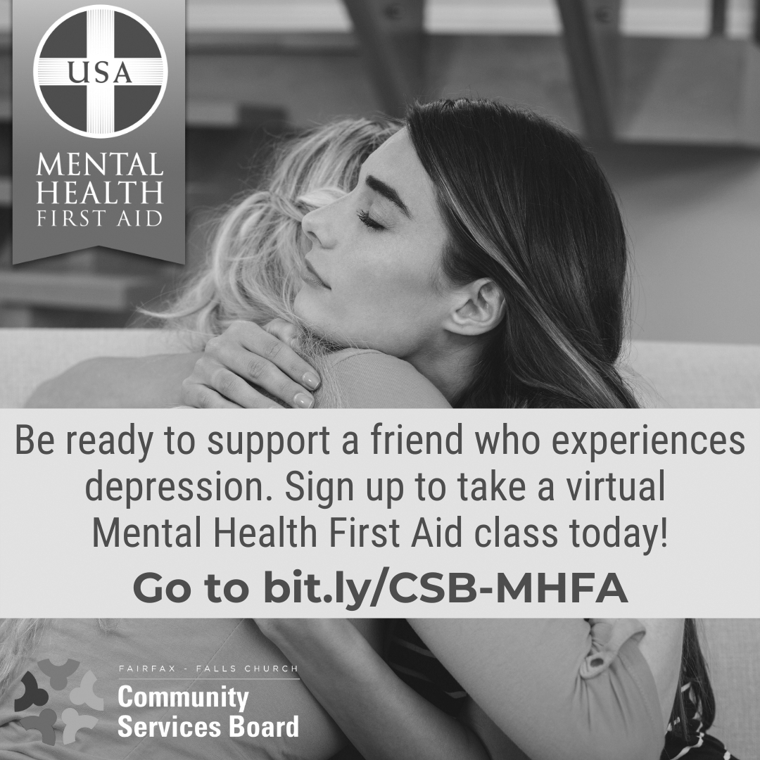 Image of two women hugging with information about mental health first aid