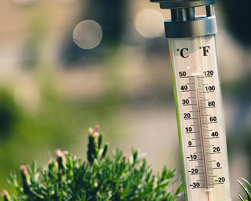 Phot of a thermometer displaying hot temperatures