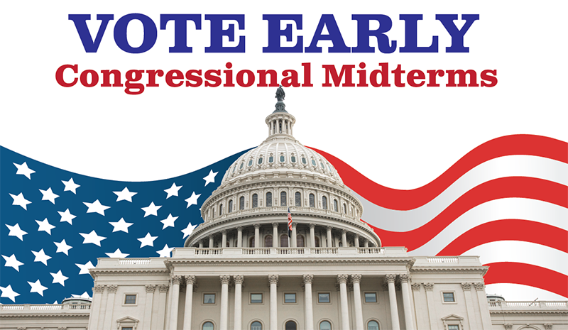 Image of the U.S. Capital superimposed over the American flag with the words Vote Early Congressional Midterms