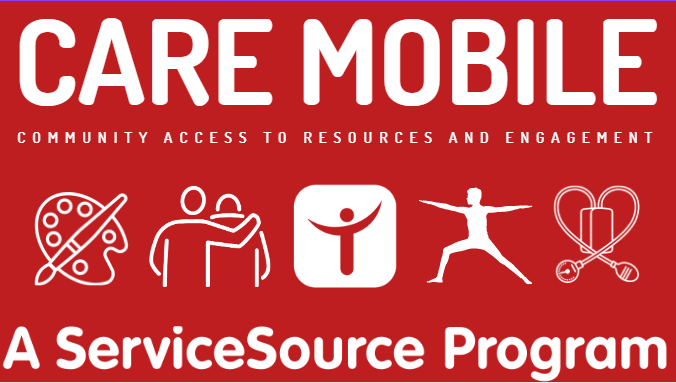 logo for CARE Mobile that includes icons representing art, companionship, fitness and health