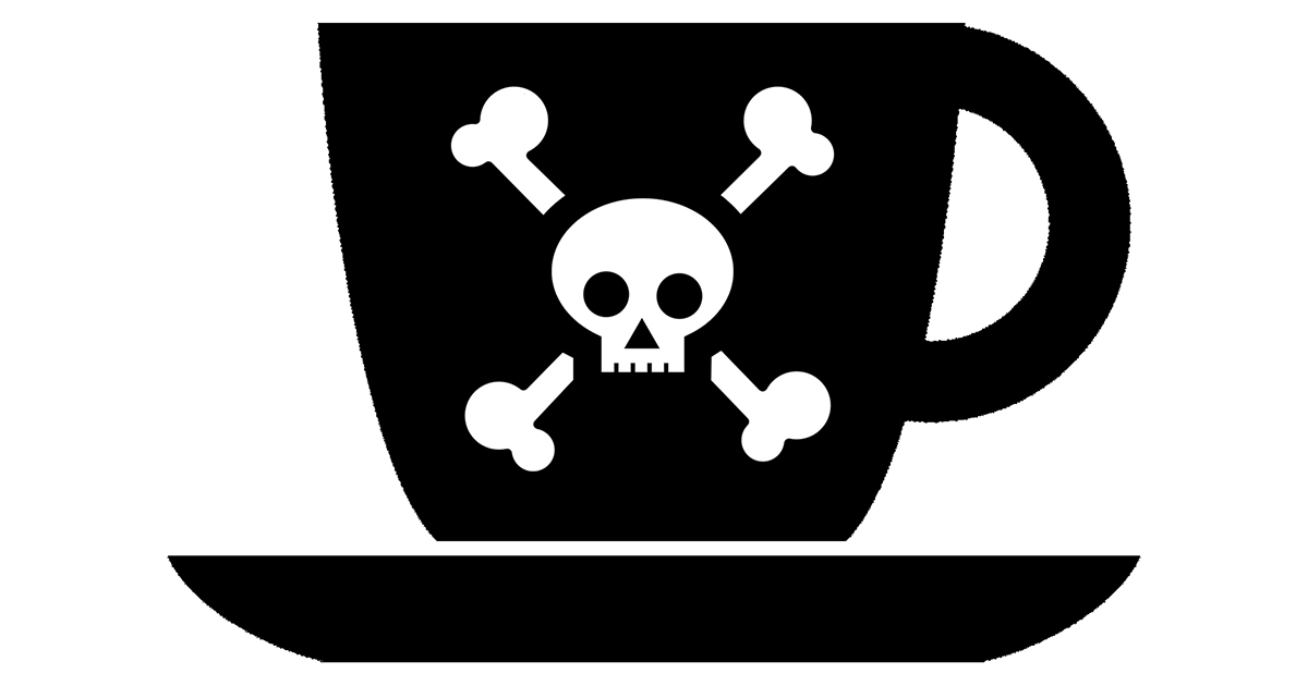Illustration of a teacup with a skull and crossed bones decorating the side.