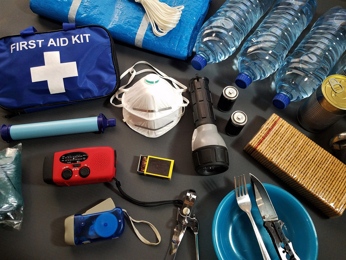 Photo of a collection of emergency supplies. 