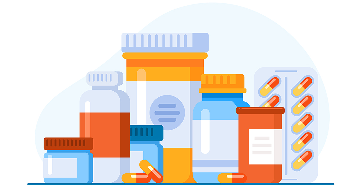 Digital illustration of a collection of pill bottles and other medications.