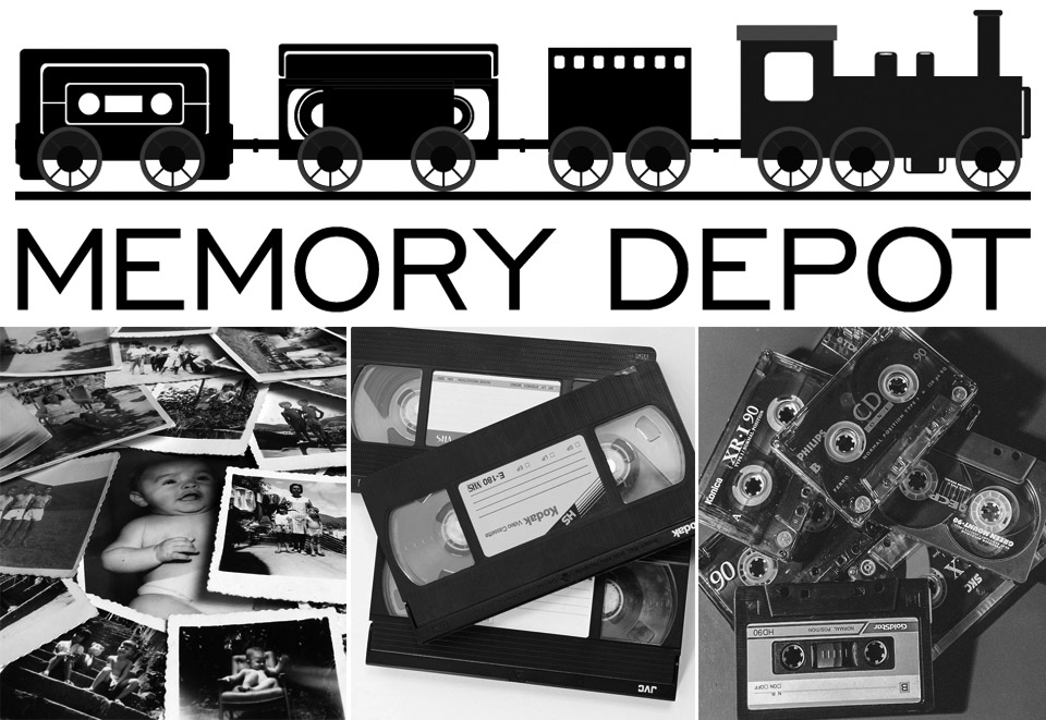 Image collage that includes the Memory Depot logo along with images of old photos, VHS tapes and cassette tapes.
