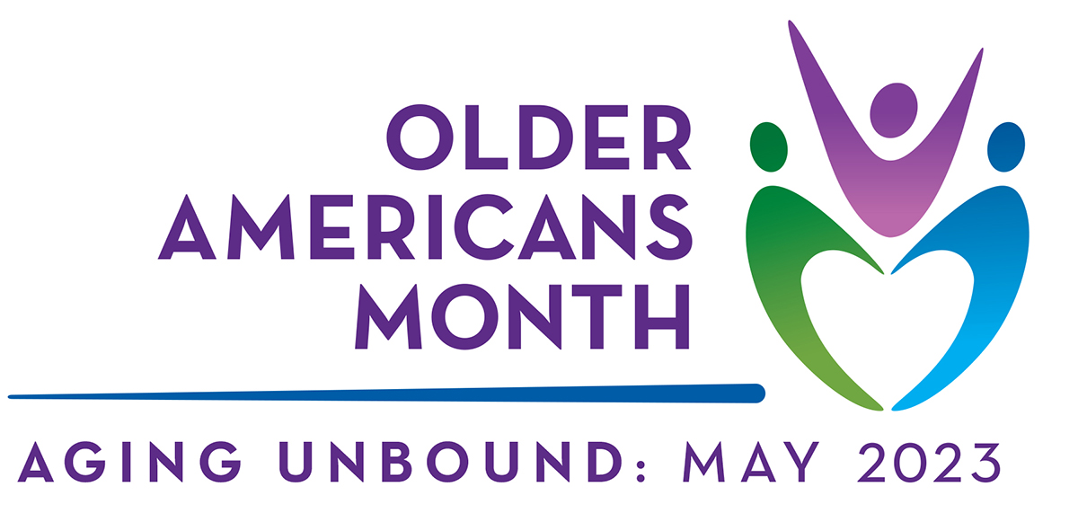 Logo for Older Americans Month 2023 showing stylized figures and the words Aging Unbound.
