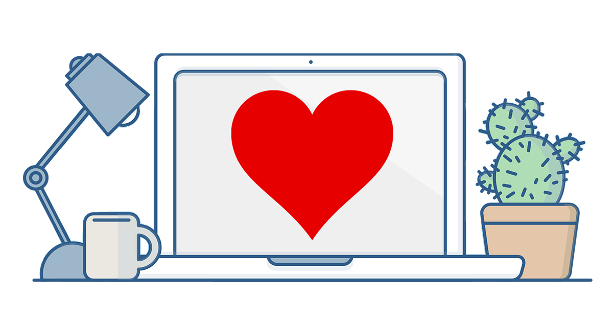Digital illustration of a laptop computer with a heart on the screen.