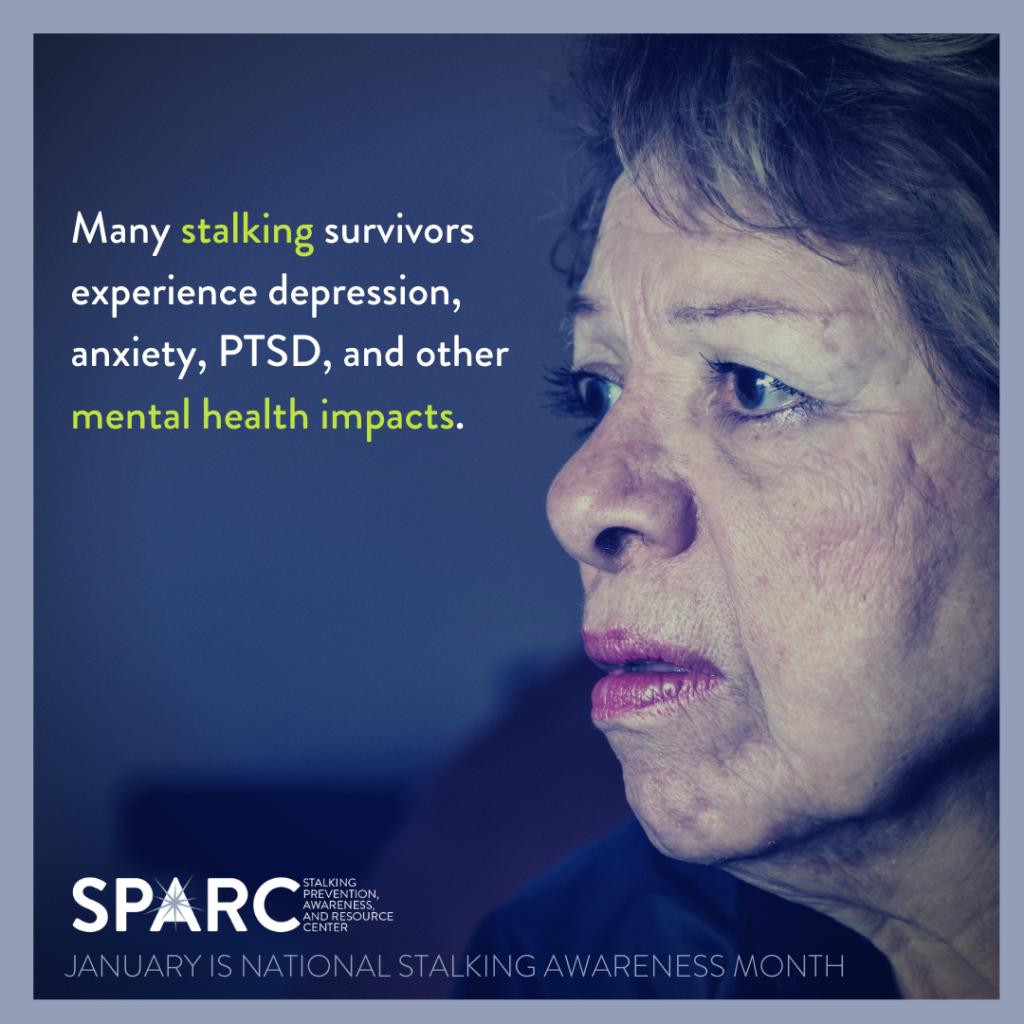 SPARC Stalking Awareness Month Graphic with a photo of a worried looking woman
