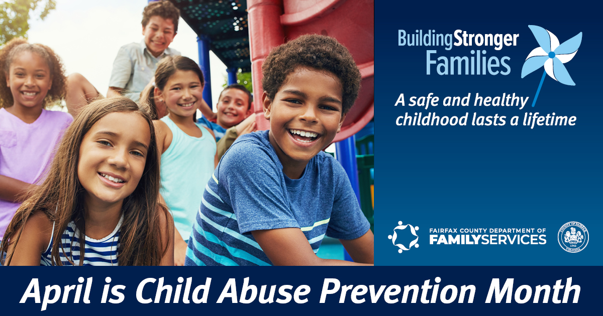 Child Abuse Prevention Month graphic showing blue pinwheels and a photo of a group of children.