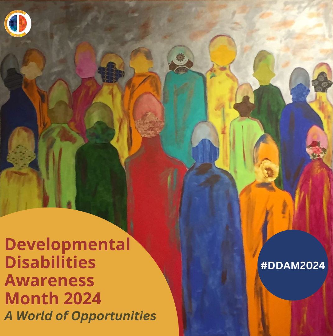 Graphic for Developmental Disability Awareness Month showing colorful abstract people.
