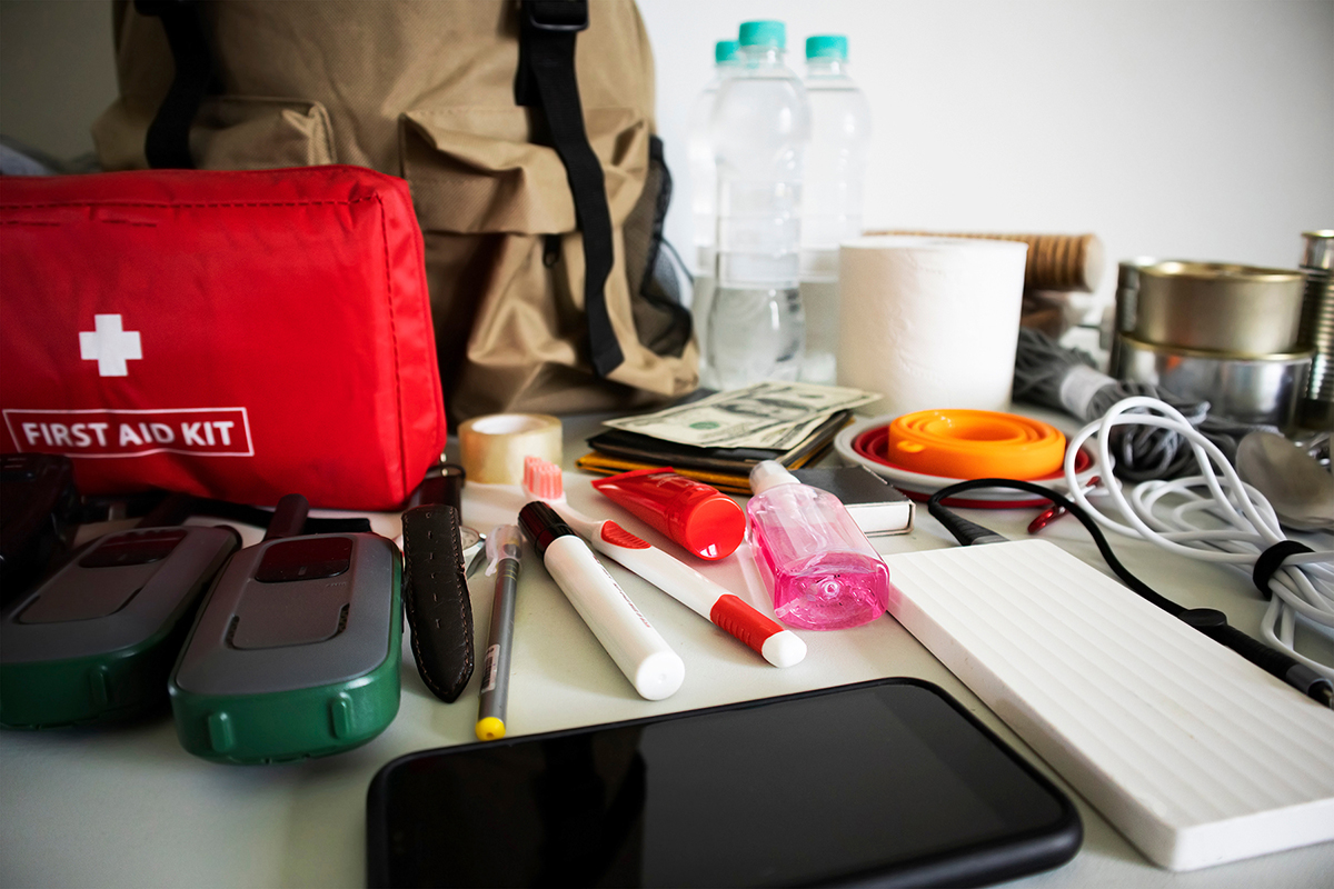 Photo showing various items to include in an emergency preparedness kit.