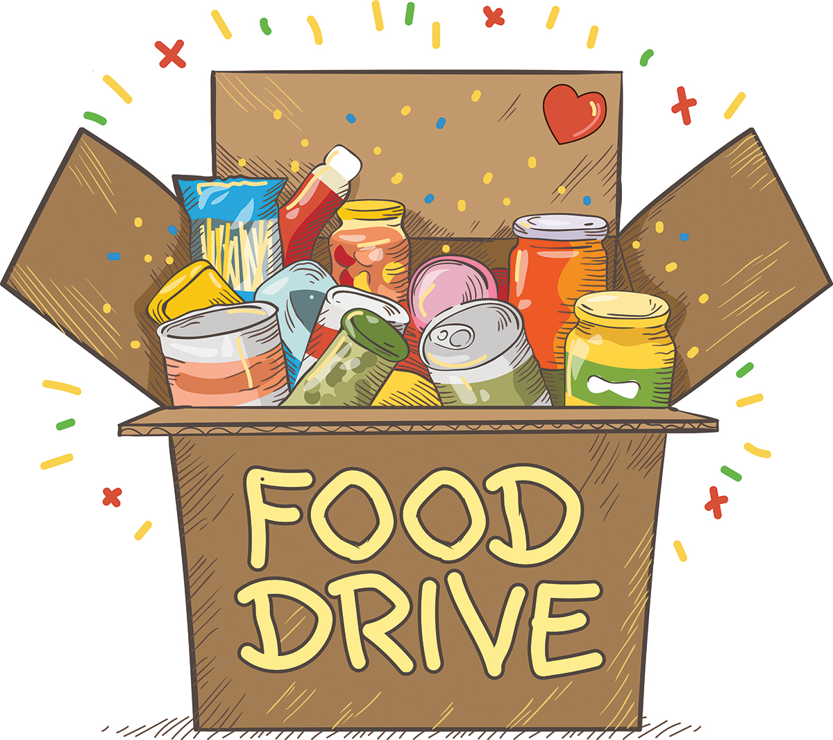 Illustration depicting a box labeled "food drive" filled with boxes and cans of food items.
