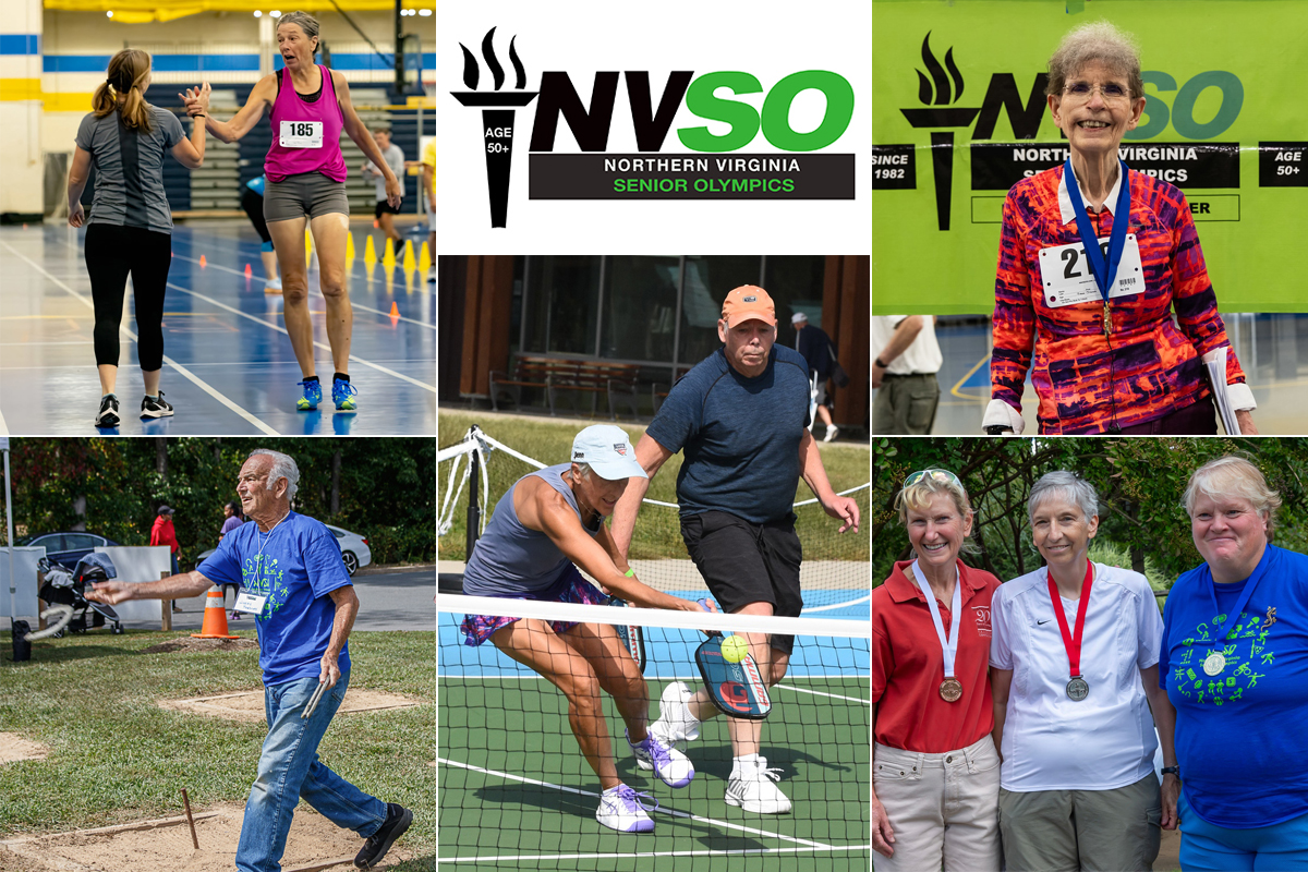 Collage of images showing NVSO athletes and the NVSO logo