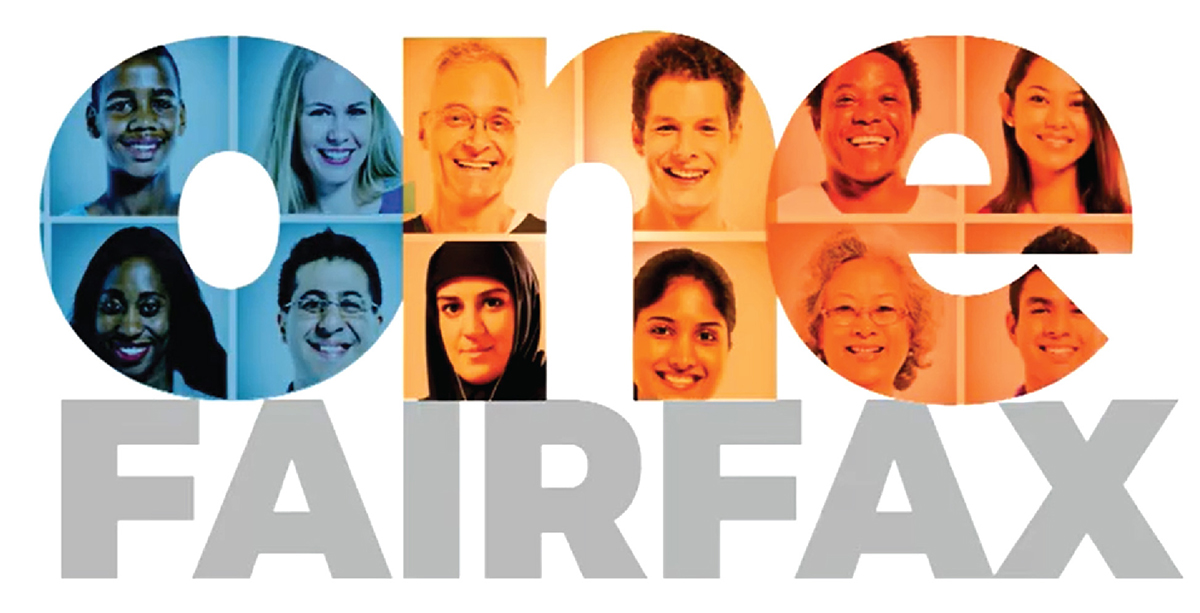 Logo for One Fairfax initiative, combining words and photos of diverse people. 