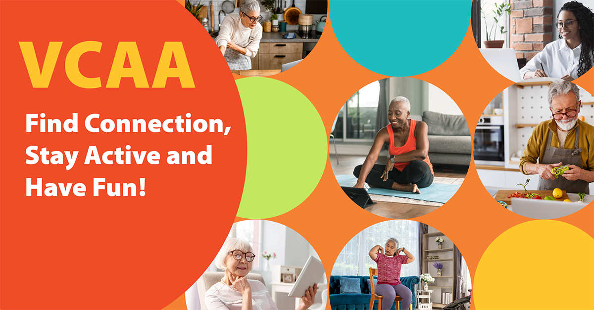Graphic for the VCAA that includes colorful dots and photos of older adults engaged in various activities.