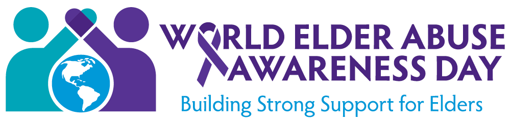 Logo for World Elder Abuse Awareness Day, which includes two figures holding hands, a globe, and the words "Building Strong Support for Elders."