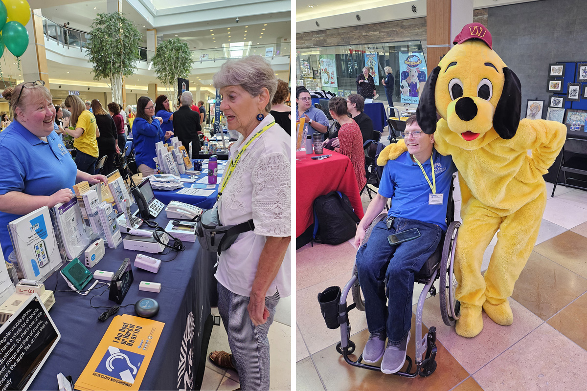 Photos from Celebrate Communication 2024 including a table display of assistive devices and the Yellow Dog mascot posing with an attendee.