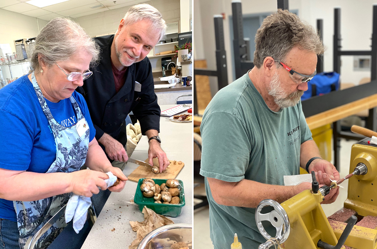 Two photos showing older adults taking classes. One is a cooking class and the other a woodturning class.