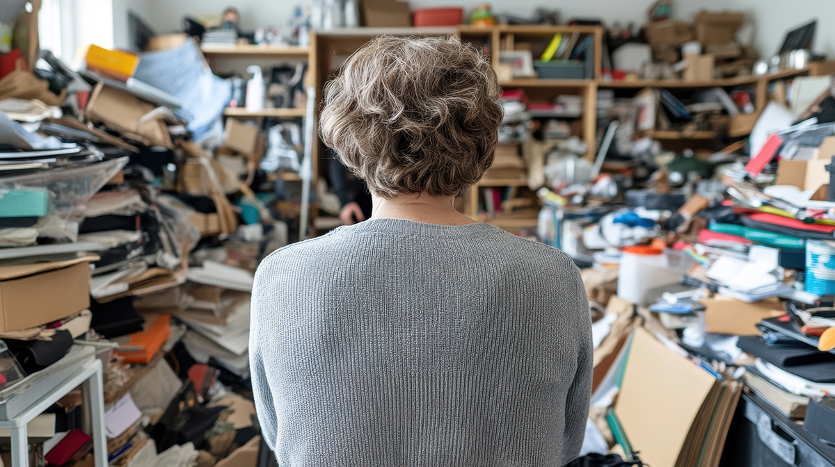 Photo of a woman standing with her back to the camera in a room absolutely filled with belongings.