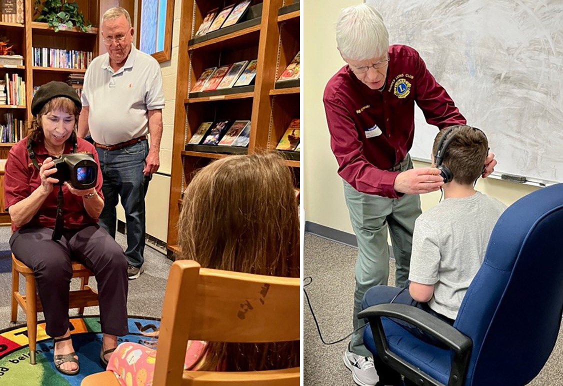 Two photos showing Fairfax Lions Club members conducting screenings on children - one a hearing test and the other a vision screening.