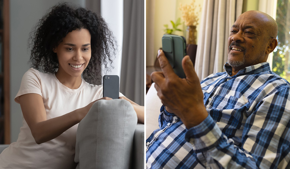 Photos of a young African American woman and an older African American man chatting on Facetime.