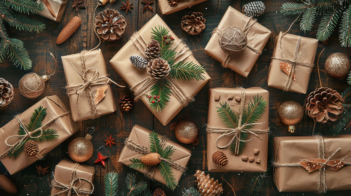 A selection of gifts wrapped in brown paper and decorated with natural items like pinecones.