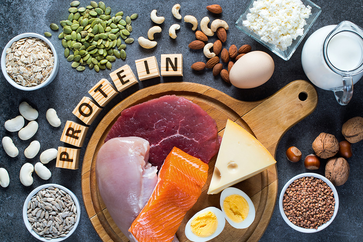 Photo showing various food sources for protein, including meat, eggs, dairy, nuts and beans.
