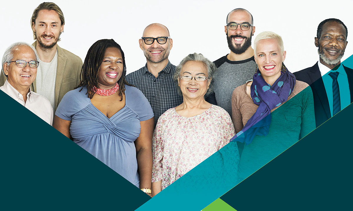 A diverse group of smiling older people with colorful graphic shapes crisscrossing in front of them.