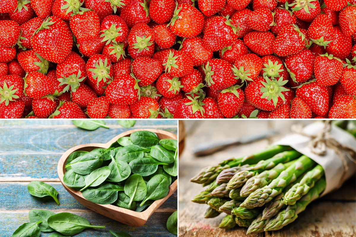 Photos of spring produce, including strawberries, asparagus and spinach.